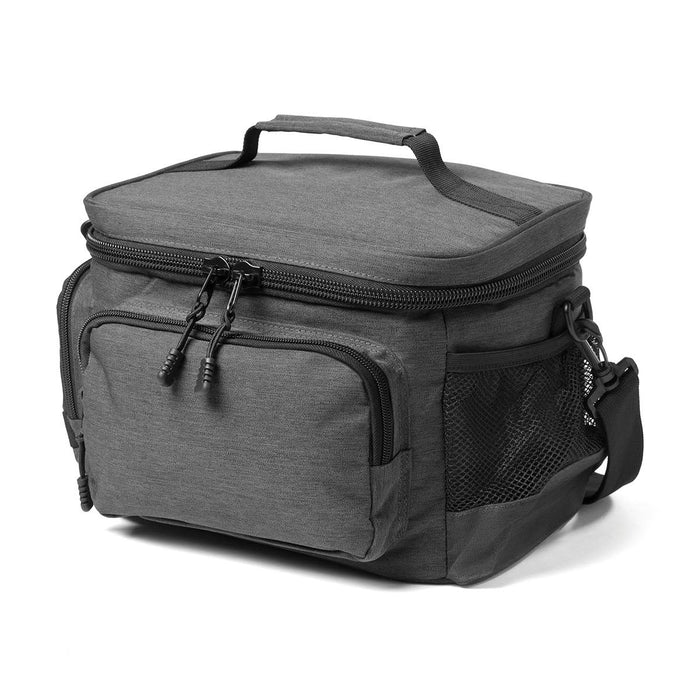 Super Duty 12 - Lunch Cooler - A lunch cooler in dark grey with a zippered main compartment and a side mesh pocket. It has a sturdy handle and adjustable strap.