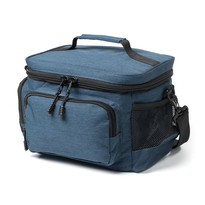 Super Duty 12 - Lunch Cooler - A blue lunch cooler with a zipped compartment, exterior pockets, a handle, and a shoulder strap. It features a logo.