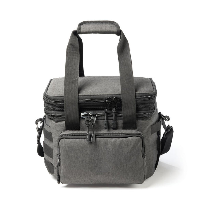 Super Duty 20 - Expanding Cooler - A grey expanding cooler with dual handles, zippers, and a front pocket, featuring adjustable straps and a logo.