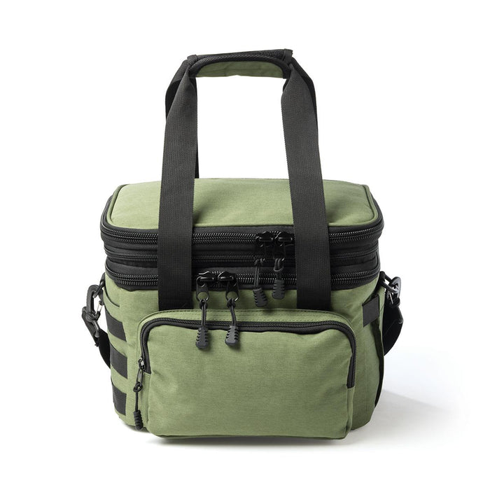 Super Duty 20 - Expanding Cooler - An olive green cooler bag with black straps and zippers, featuring a front pocket and a sturdy handle.