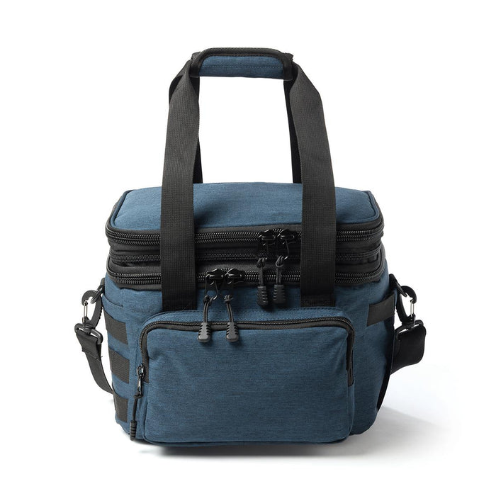Super Duty 20 - Expanding Cooler - A blue cooler bag with dual zippers, carrying handles, and an adjustable shoulder strap. It features a front pocket and logo.