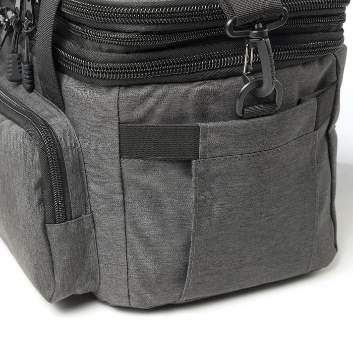Super Duty 20 - Expanding Cooler - A grey cooler bag with multiple zippered compartments and pockets, featuring a logo on the side.
