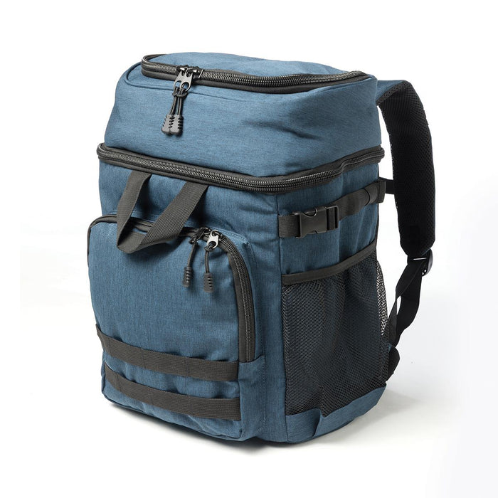Super Duty 30 - Backpack Cooler - A blue backpack cooler with zippers, straps, and a mesh pocket on the side. It features a sturdy design.