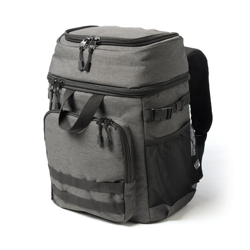 Super Duty 30 - Backpack Cooler - A grey backpack cooler featuring multiple zippered compartments, a mesh side pocket, and adjustable straps.