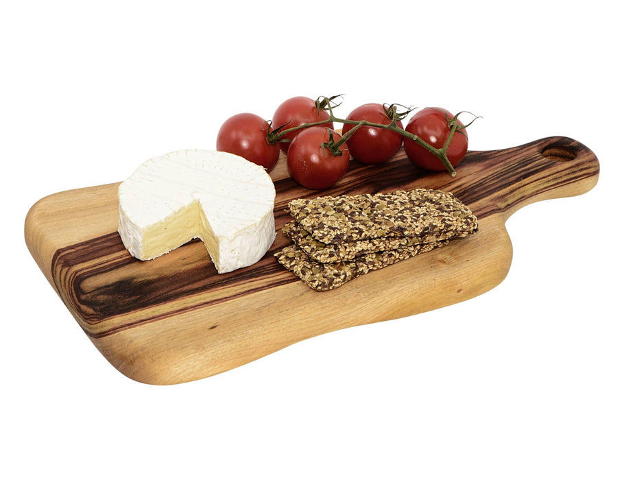 Lawson Serving Board Medium - A wooden cheese board with a round cheese, crackers, and a bunch of cherry tomatoes, featuring a branding logo.
