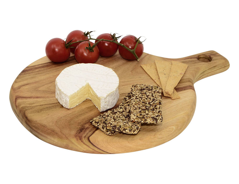 Lawson Round Serving Board - A round wooden serving board featuring cheese, crackers, and cherry tomatoes, with a handle and natural wood finish.
