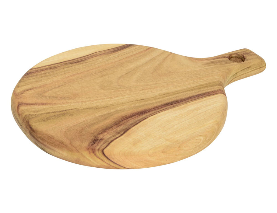 Lawson Round Serving Board - A round wooden serving board with a smooth surface and a handle, featuring natural wood tones and grains.