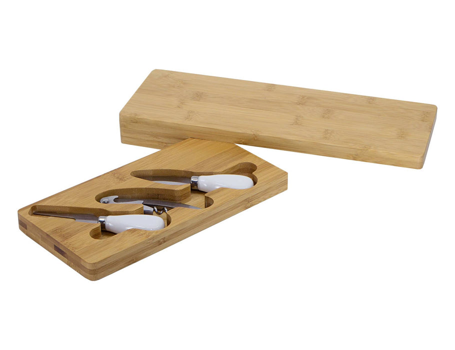 Picnic Cheese Set - A bamboo cheese board set with white-handled cheese knives, housed in a wooden box.