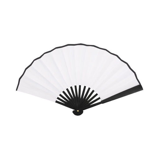 8inch Bamboo Fabric Hand Fan - A bamboo hand fan with a black frame and white fabric, featuring multiple pleats and a central pivot.