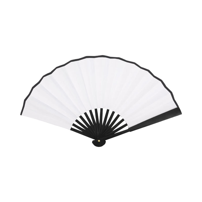 8inch Bamboo Fabric Hand Fan - A bamboo hand fan with a black frame and white fabric, featuring multiple pleats and a central pivot.