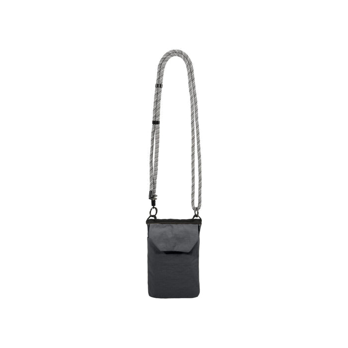 Minimalist Crossbody Phone Bag - A minimalist grey crossbody phone bag with a patterned strap and a front pocket. It features a logo.