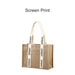 Custom Handle Jute Tote Bag - A jute tote bag in natural brown with white handle straps featuring a logo.