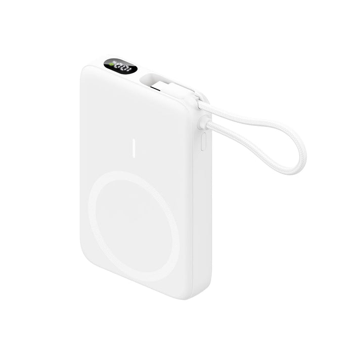 10000mAh Magnetic Wireless  Power Bank with Charging Cable - A white 10,000mAh magnetic wireless power bank with a charging cable and a small strap. It features a logo.