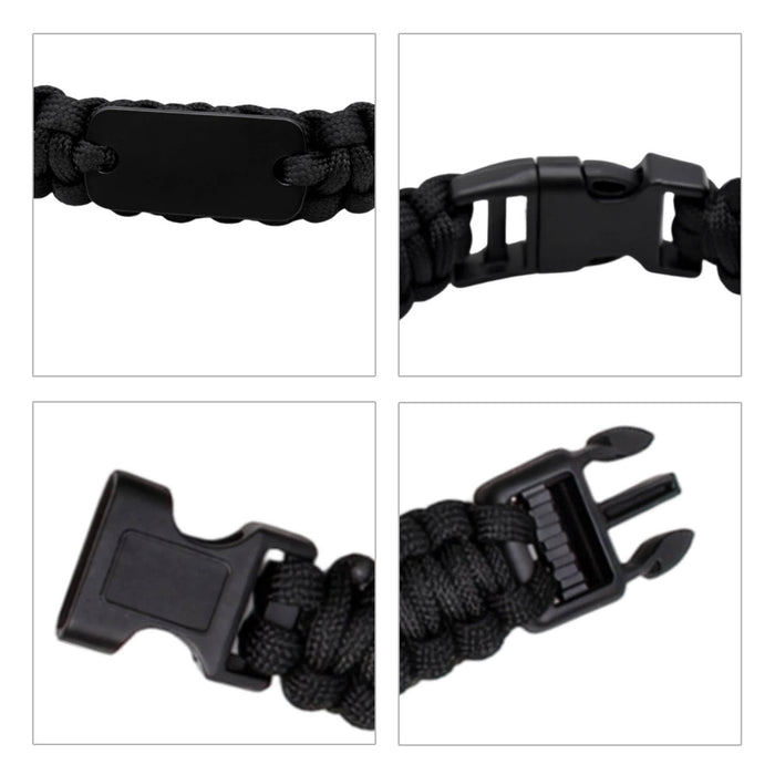 Paracord Bracelet with Metal Plate - A black paracord bracelet featuring a metal plate and plastic clasp. Includes detailed views of the clasp and woven design.