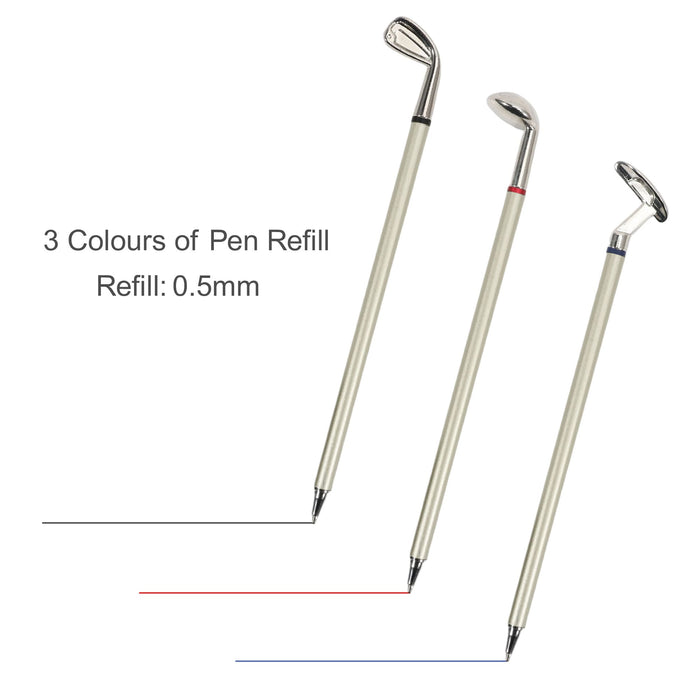 Golf Pen Gift Set - A golf pen gift set featuring three pens designed like golf clubs with silver accents and white barrels.