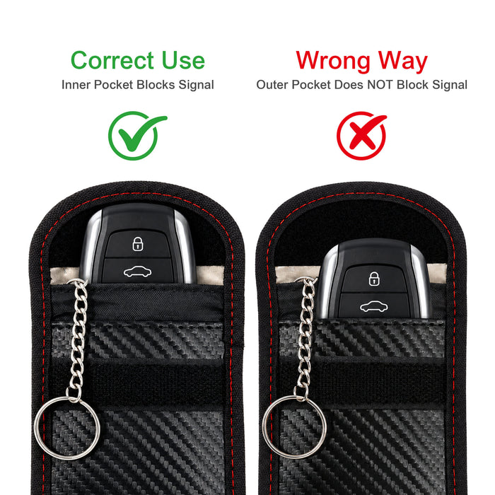Carbon Fibre Faraday Key Pouch - A carbon fibre Faraday key pouch in black with red stitching, featuring inner and outer pockets for signal blocking.