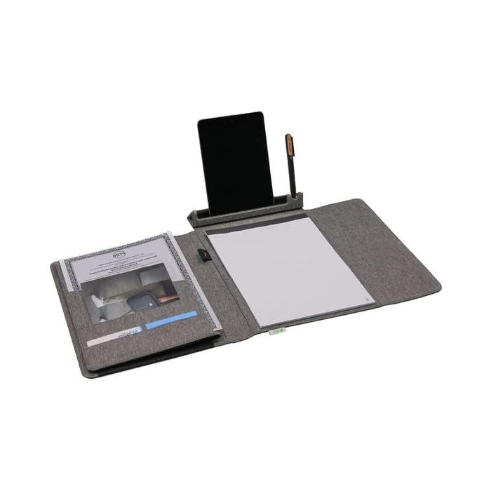 Noty Folio Eco (Business Folio) - A grey business folio with a notepad, a stand for a phone or tablet, and a pen holder.