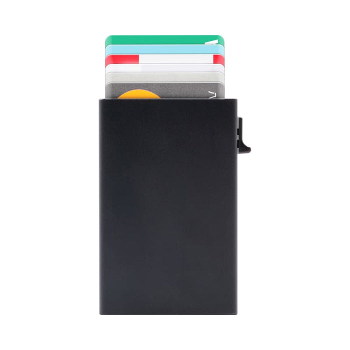 Wally Mag RFID Case - A black RFID card case holds several cards and features a sliding mechanism. It includes a logo.
