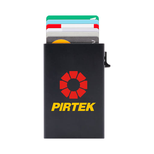 Wally Mag RFID Case - A black RFID case containing multiple cards, featuring a logo on the front.