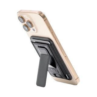 Wally Stand - A phone stand with a black holder attached to a gold smartphone, featuring a back support for stability.