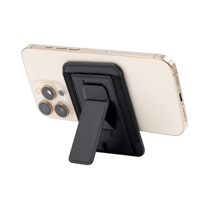 Wally Stand - A phone with a black stand attached to the back, featuring a textured exterior. The phone is gold in colour.