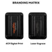 Wally Stand - A black card holder with a textured surface, featuring a logo and two branding options: digital print and laser engrave.