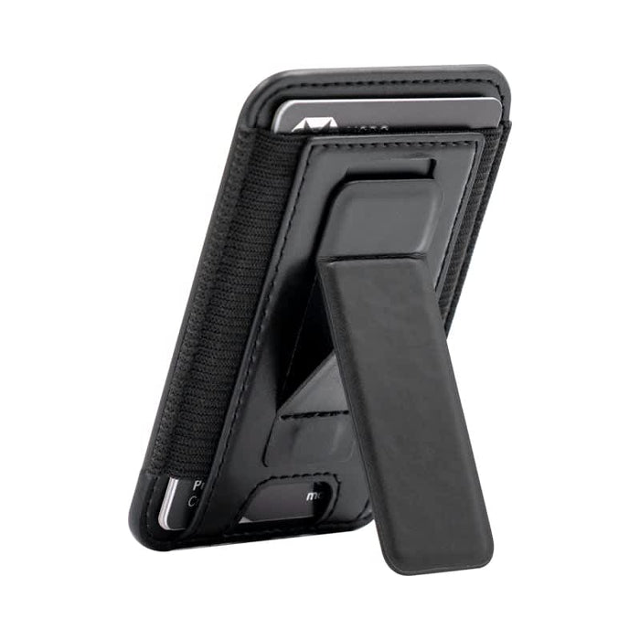 Wally Stand - A black phone wallet with a stand feature, designed to hold cards and attach to a mobile device.