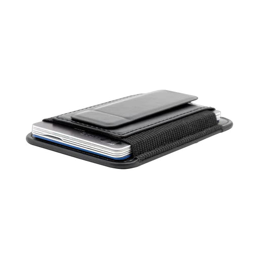 Wally Stand - A card holder in black with an elastic band for secure storage of cards and a sleek design.