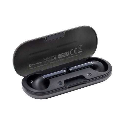 Aria True Wireless Earbuds - A pair of black Aria true wireless earbuds resting in a black charging case with a logo and branding.