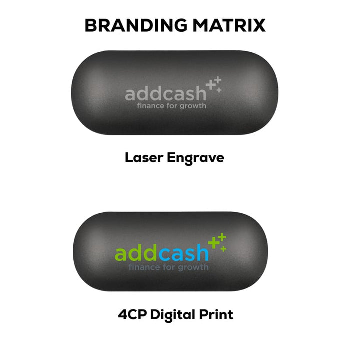 Aria True Wireless Earbuds - A black case for wireless earbuds featuring different printing options, including a laser engraving and a full-colour digital print.