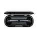 Aria True Wireless Earbuds - A pair of black true wireless earbuds stored in a black charging case with a silver hinge.