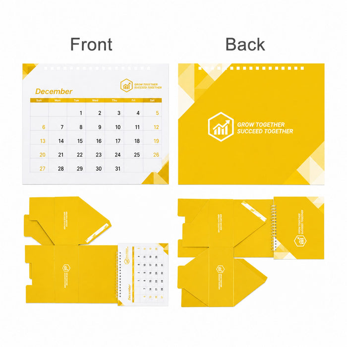 Desk Calendar With Organizer - A desk calendar with an organiser, featuring a yellow design, monthly calendar on the front and an organised back.