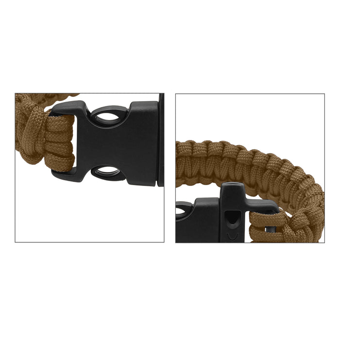 Paracord Bracelet With Whistle - A tan paracord bracelet featuring a black clasp and a built-in whistle. The design is functional and durable.