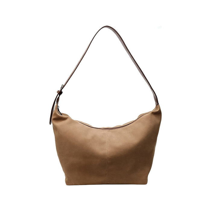 Dumpling Canvas Tote Bag - A tote bag in light brown canvas with a brown shoulder strap and a zip closure, featuring a logo.