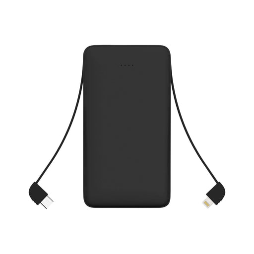 10000mAh Slim  Power Bank with Charging Cable - A black 10000mAh slim power bank with an attached charging cable. Features a minimal design and a logo.