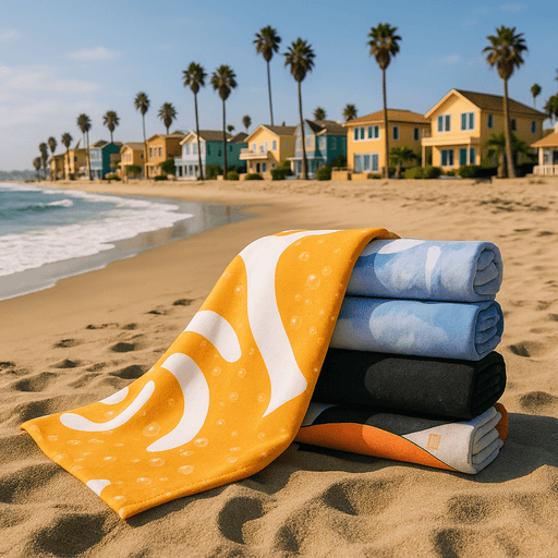 Bath Towel - A stack of five bath towels in various colours, including yellow, blue, and black, on a sandy beach with palm trees and houses in the background.
