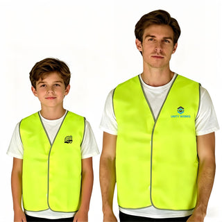 Hi-Vis Reflective Trim Velcro Placket Safety Vest - A bright yellow safety vest with reflective trim, available in adult and children's sizes, featuring a logo.