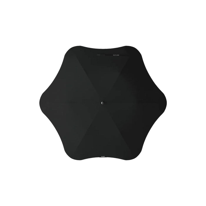 The Blunt Umbrella All Weather Set - A black BLUNT Metro Umbrella with a unique shape and central button. It features a minimalist design.