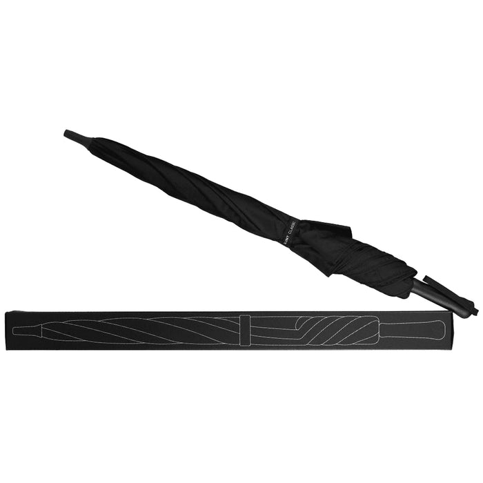 BLUNT Classic Umbrella - A black umbrella with a sleek design, accompanied by a matching black protective sleeve. Features a logo.