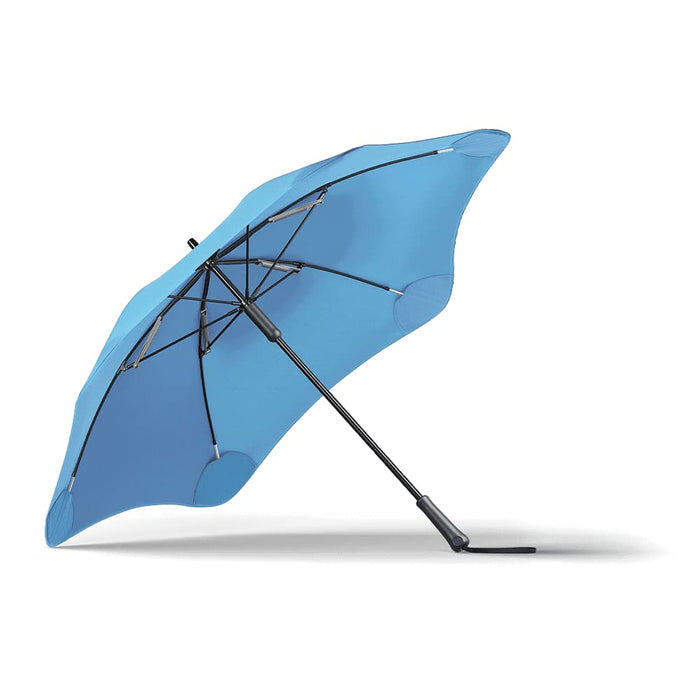BLUNT Classic Umbrella - A blue BLUNT Classic Umbrella with a sturdy black frame and a unique shape, featuring a logo.