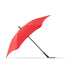 BLUNT Classic Umbrella - A red BLUNT Classic Umbrella with a black handle, showcasing its unique curved design. It features a logo on the canopy.