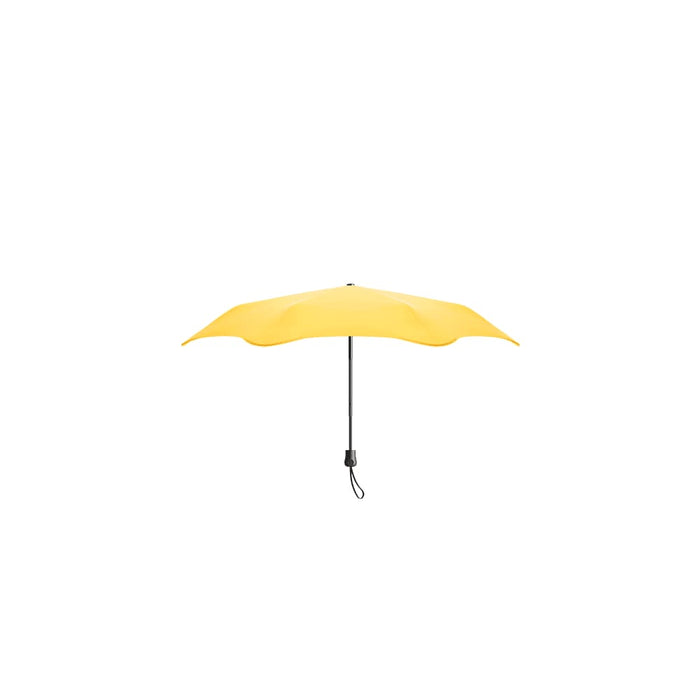 BLUNT Neo Umbrella - A yellow BLUNT Neo Umbrella with a black handle and hanging strap, featuring a circular design and a logo.