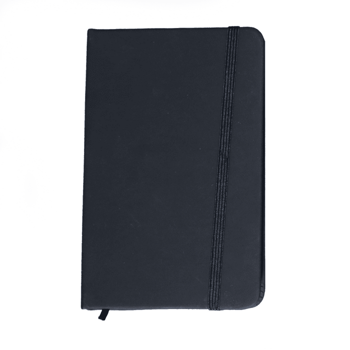 Minichroma A6 Notebook - A black A6 notebook with a subtle textured cover and an elastic band closure. It features branding on the front.