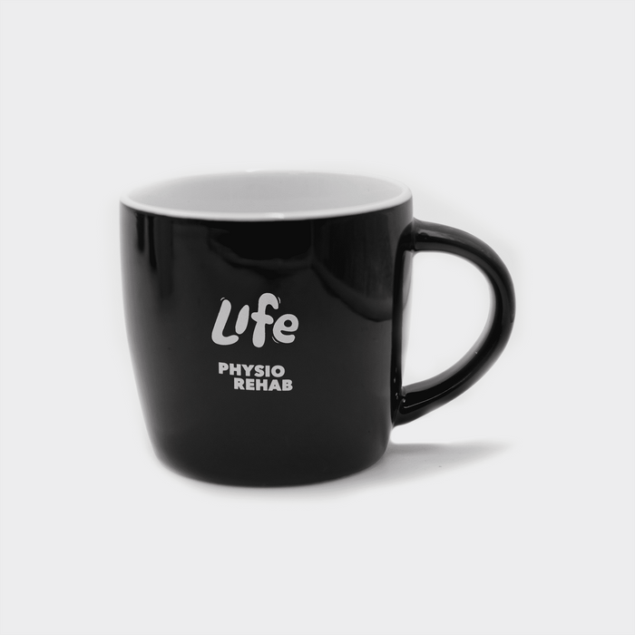 The Maxwell 330ml Ceramic Mug - A black ceramic mug with a curved design and a handle, featuring a logo on the front.