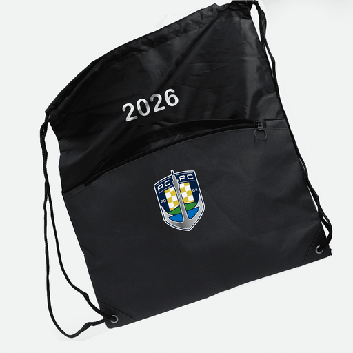 The Buddy Drawstring Bag - A black drawstring bag with a zippered pocket and a logo on the front.