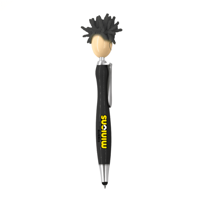 Mop Head Pen with Stylus - A pen featuring a black stylus end and a character head with spiky hair. It has a branding logo.