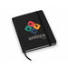 FSC Notebook - A black FSC notebook with an elastic band, featuring a multi-coloured logo on the cover.