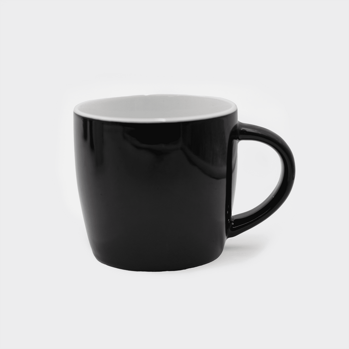 The Maxwell 330ml Ceramic Mug - A black ceramic mug with a white interior and a sturdy handle. It has a smooth finish and a logo.