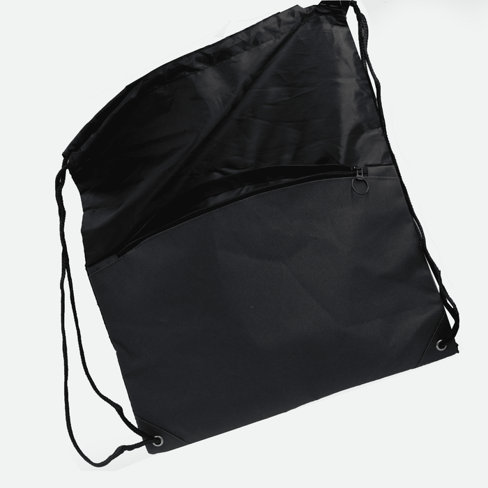 The Buddy Drawstring Bag - A black drawstring bag with a zippered pocket and adjustable shoulder straps. It features a simple design and has a logo.