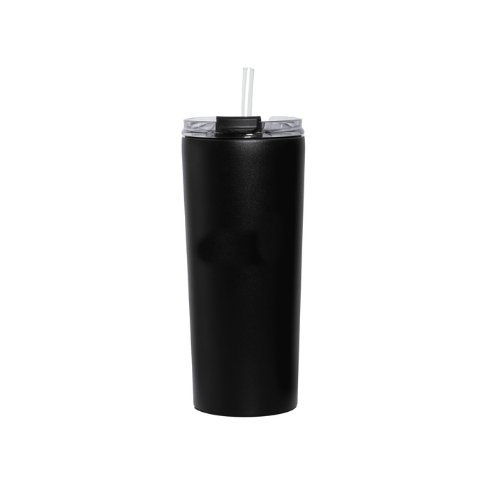 The Connor 600ml Vacuum Tumbler - A drink bottle in sleek black finish with a clear lid and straw, featuring a branding logo.